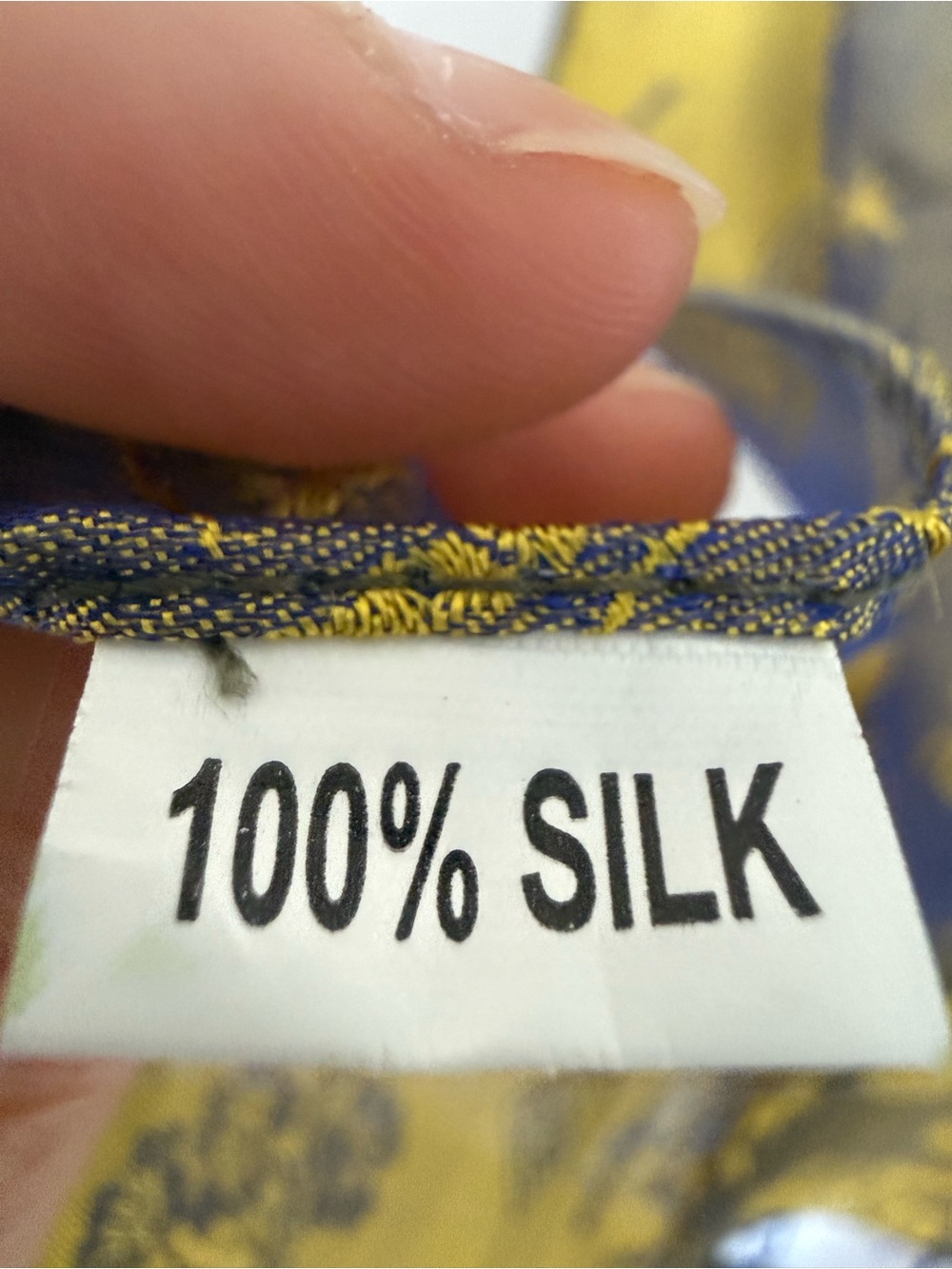 100% Silk Scarf Tag - Navy and Yellow
